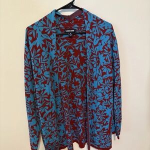 Lands' End Floral Open Cardigan - Teal & Burgundy
